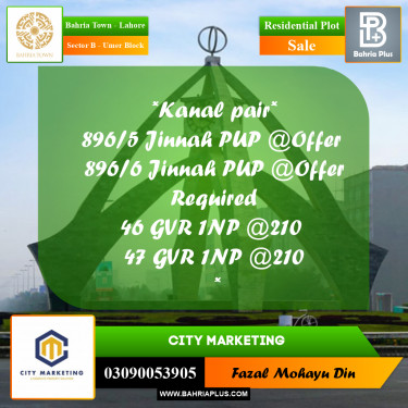 1 Kanal Residential Plot for Sale in Sector B - Umer Block -  Bahria Town, Lahore - (BP-296801)