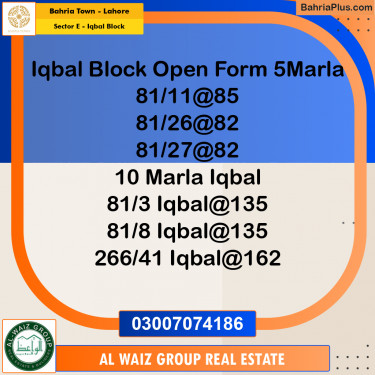 10 Marla Residential Plot for Sale in Sector E - Iqbal Block -  Bahria Town, Lahore - (BP-296814)