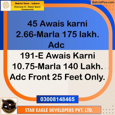 2.66 Marla Commercial Plot for Sale in Overseas A / Awais Qarni Commercial -  Bahria Town, Lahore - (BP-297026)