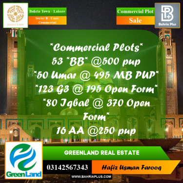 8 Marla Commercial Plot for Sale in Sector B - Umer Commercial -  Bahria Town, Lahore - (BP-297078)