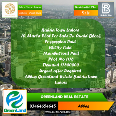 10 Marla Residential Plot for Sale in Sector E - Quaid Block -  Bahria Town, Lahore - (BP-297279)