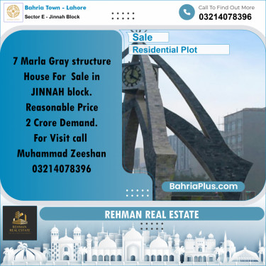 7 Marla Residential Plot for Sale in Sector E - Jinnah Block -  Bahria Town, Lahore - (BP-297380)