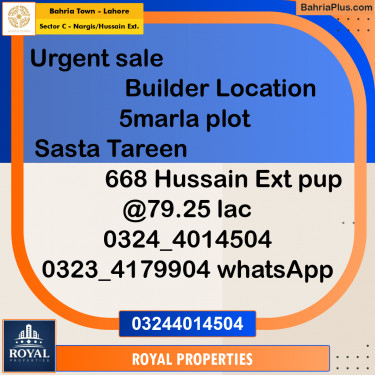 Residential Plot for Sale in Sector C - Nargis/Hussain Ext. -  Bahria Town, Lahore - (BP-297413)