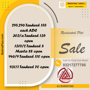 10 Marla Residential Plot for Sale in Sector F - Tauheed Block -  Bahria Town, Lahore - (BP-297418)