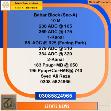 20 Marla Residential Plot for Sale in Sector A - Babar Block -  Bahria Town, Lahore - (BP-297442)