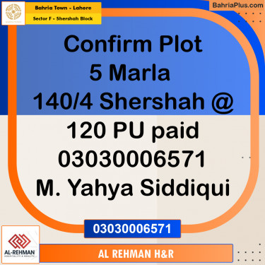 5 Marla Residential Plot for Sale in Sector F - Shershah Block -  Bahria Town, Lahore - (BP-297549)