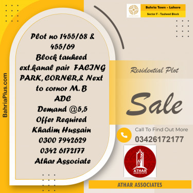 1 Kanal Residential Plot for Sale in Sector F - Tauheed Block -  Bahria Town, Lahore - (BP-297677)