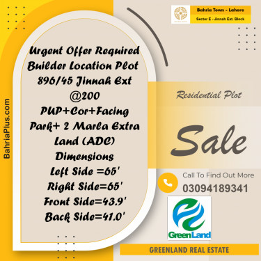 10 Marla Residential Plot for Sale in Sector E - Jinnah Ext. Block -  Bahria Town, Lahore - (BP-297951)