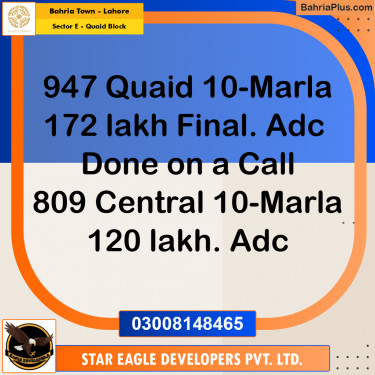 10 Marla Residential Plot for Sale in Sector E - Quaid Block -  Bahria Town, Lahore - (BP-298020)