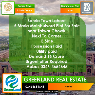 5 Marla Commercial Plot for Sale in Sector C - B Side -  Bahria Town, Lahore - (BP-298091)