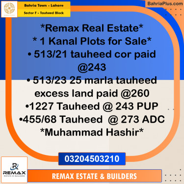 20 Marla Residential Plot for Sale in Sector F - Tauheed Block -  Bahria Town, Lahore - (BP-298176)