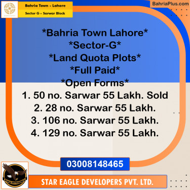 5 Marla Residential Plot for Sale in Sector G - Sarwar Block -  Bahria Town, Lahore - (BP-298202)