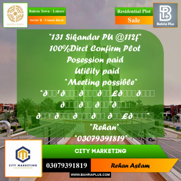 Residential Plot for Sale in Sector B - Usman Block -  Bahria Town, Lahore - (BP-298222)