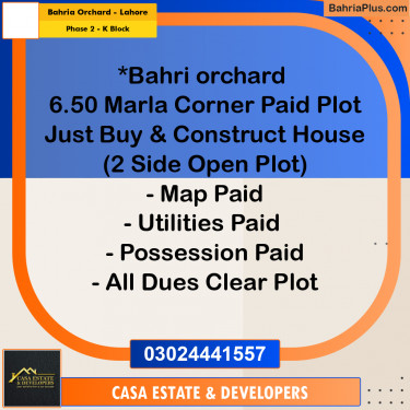 6 Marla Residential Plot for Sale in Phase 2 - K Block -  Bahria Orchard, Lahore - (BP-298266)