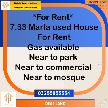 7.33 Marla Residential House for Rent in Sector B - Takbeer Block -  Bahria Town, Lahore - (BP-298368)