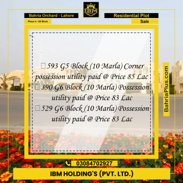 10 Marla Residential Plot for Sale in Phase 4 - G6 Block -  Bahria Orchard, Lahore - (BP-298452)