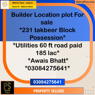 10 Marla Residential Plot for Sale in Sector B - Takbeer Block -  Bahria Town, Lahore - (BP-298492)