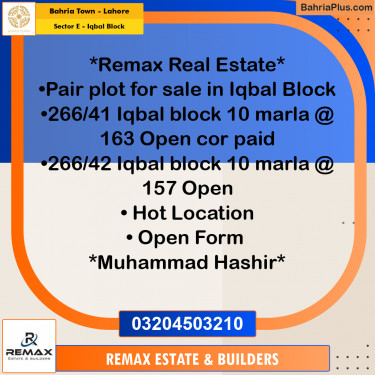 10 Marla Residential Plot for Sale in Sector E - Iqbal Block -  Bahria Town, Lahore - (BP-298570)