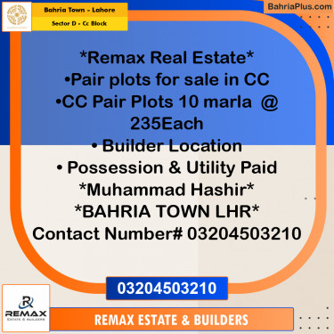 10 Marla Residential Plot for Sale in Sector D - CC Block -  Bahria Town, Lahore - (BP-298646)