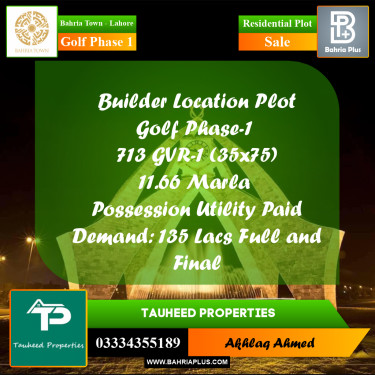 11 Marla Residential Plot for Sale in Golf Phase 1 -  Bahria Town, Lahore - (BP-298655)