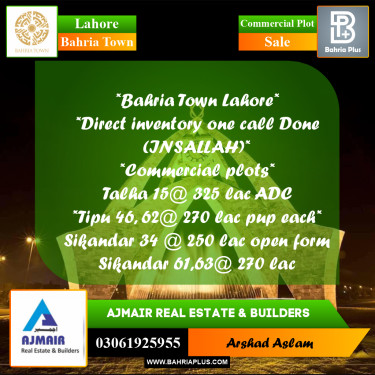 Commercial Plot for Sale in Bahria Town, Lahore - (BP-298661)