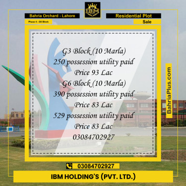 10 Marla Residential Plot for Sale in Phase 4 - G6 Block -  Bahria Orchard, Lahore - (BP-299150)