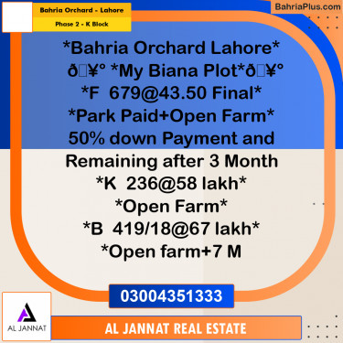 5 Marla Residential Plot for Sale in Phase 2 - K Block -  Bahria Orchard, Lahore - (BP-300074)