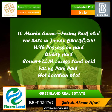 10 Marla Residential Plot for Sale in Sector E - Jinnah Block -  Bahria Town, Lahore - (BP-300077)