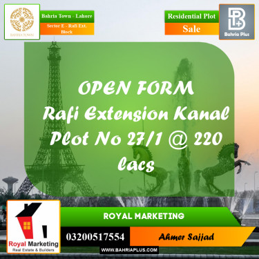 1 Kanal Residential Plot for Sale in Sector E - Rafi Ext. Block -  Bahria Town, Lahore - (BP-300100)