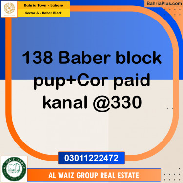 1 Kanal Residential Plot for Sale in Sector A - Babar Block -  Bahria Town, Lahore - (BP-300121)