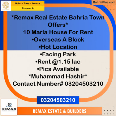 10 Marla Residential House for Rent in Overseas A -  Bahria Town, Lahore - (BP-300250)