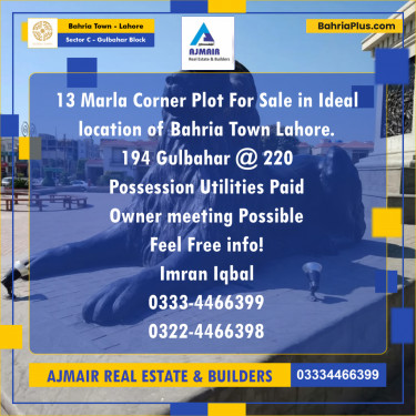 13 Marla Residential Plot for Sale in Sector C - Gulbahar Block -  Bahria Town, Lahore - (BP-300358)
