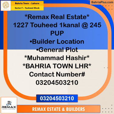 1 Kanal Residential Plot for Sale in Sector F - Tauheed Block -  Bahria Town, Lahore - (BP-300467)