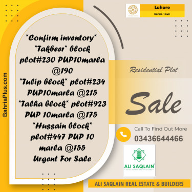 10 Marla Residential Plot for Sale in Bahria Town, Lahore - (BP-300655)