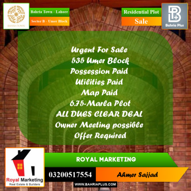 6.75 Marla Residential Plot for Sale in Sector B - Umer Block -  Bahria Town, Lahore - (BP-300746)
