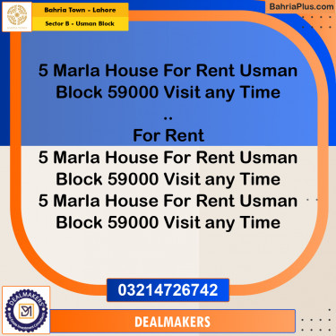5 Marla Residential House for Rent in Sector B - Usman Block -  Bahria Town, Lahore - (BP-300927)
