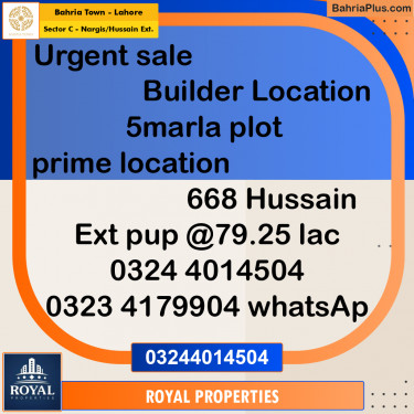 Residential Plot for Sale in Sector C - Nargis/Hussain Ext. -  Bahria Town, Lahore - (BP-300956)