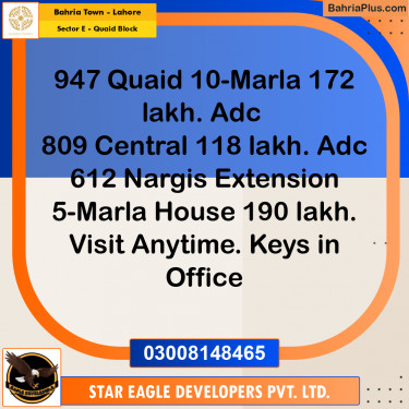 10 Marla Residential Plot for Sale in Sector E - Quaid Block -  Bahria Town, Lahore - (BP-301064)