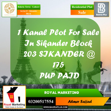 1 Kanal Residential Plot for Sale in Sector F - Sikander Block -  Bahria Town, Lahore - (BP-301067)
