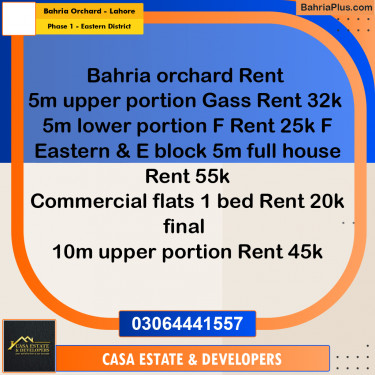 5 Marla Residential House for Rent in Phase 1 - Eastern District -  Bahria Orchard, Lahore - (BP-301330)