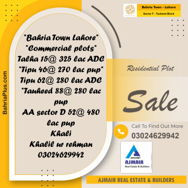 5 Marla Residential Plot for Sale in Sector F - Tauheed Block -  Bahria Town, Lahore - (BP-301377)