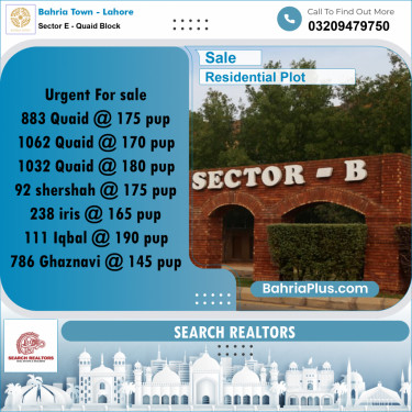 10 Marla Residential Plot for Sale in Sector E - Quaid Block -  Bahria Town, Lahore - (BP-302032)