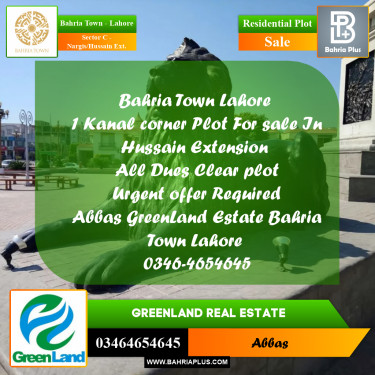 1 Kanal Residential Plot for Sale in Sector C - Nargis/Hussain Ext. -  Bahria Town, Lahore - (BP-302240)