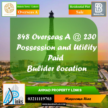 10 Marla Residential Plot for Sale in Overseas A -  Bahria Town, Lahore - (BP-302254)