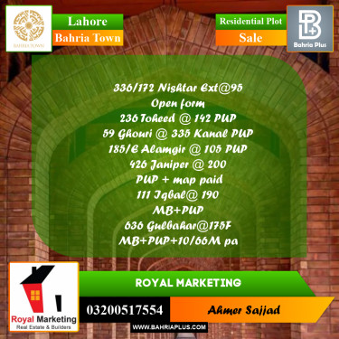 Residential Plot for Sale in Bahria Town, Lahore - (BP-302301)