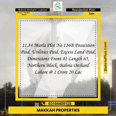 11.84 Marla Residential Plot for Sale in Phase 1 - Northern District -  Bahria Orchard, Lahore - (BP-302592)