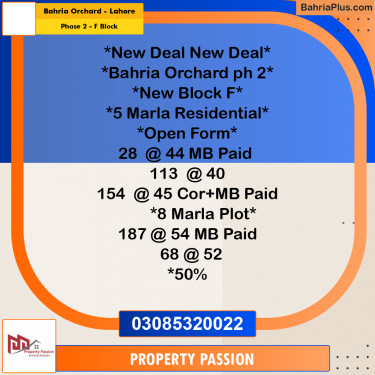 5 Marla Residential Plot for Sale in Phase 2 - F Block -  Bahria Orchard, Lahore - (BP-303012)