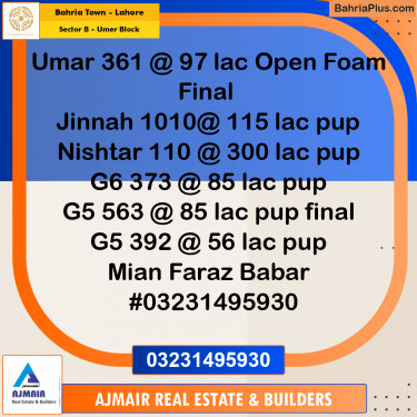 5 Marla Residential Plot for Sale in Sector B - Umer Block -  Bahria Town, Lahore - (BP-303013)