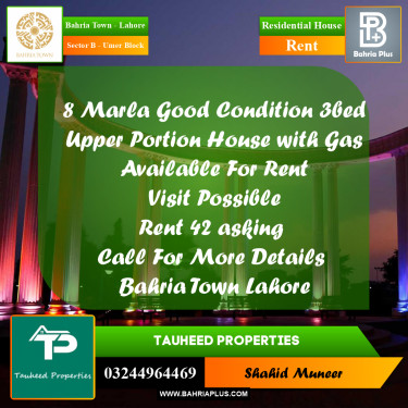 8 Marla Residential House for Rent in Sector B - Umer Block -  Bahria Town, Lahore - (BP-303097)
