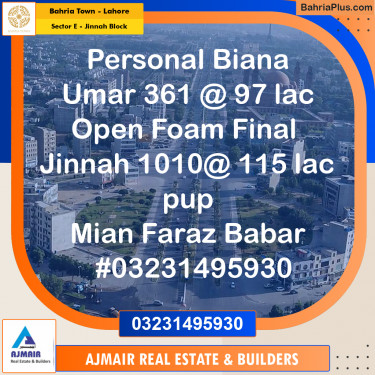 5 Marla Residential Plot for Sale in Sector E - Jinnah Block -  Bahria Town, Lahore - (BP-303157)